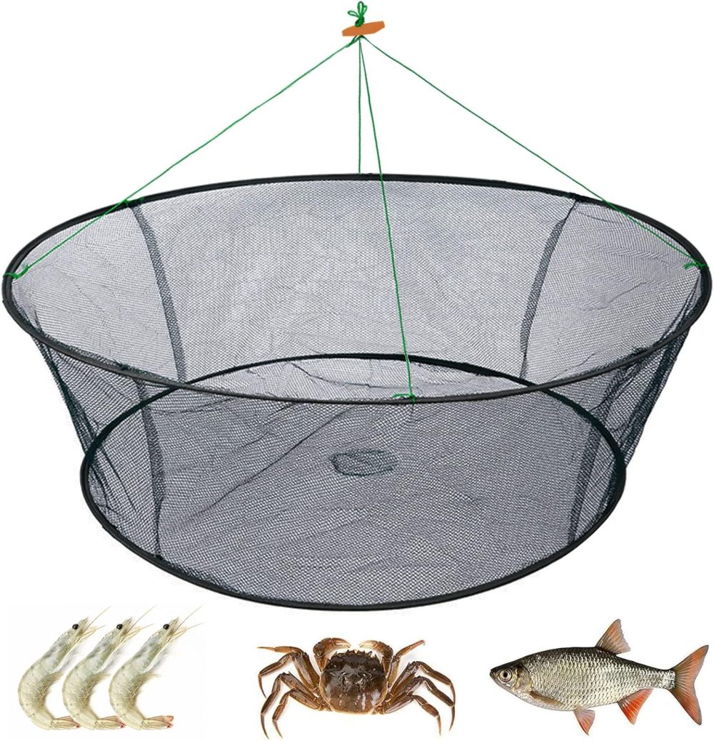 Portable Folded Fishing Net, Crab Net Fish Net with Fishing Rope, Hand Casting Cage Crab Net, Foldable Fishing Mesh Trap for,Minnows,Lobster,Crawfish, Shrimp etc.