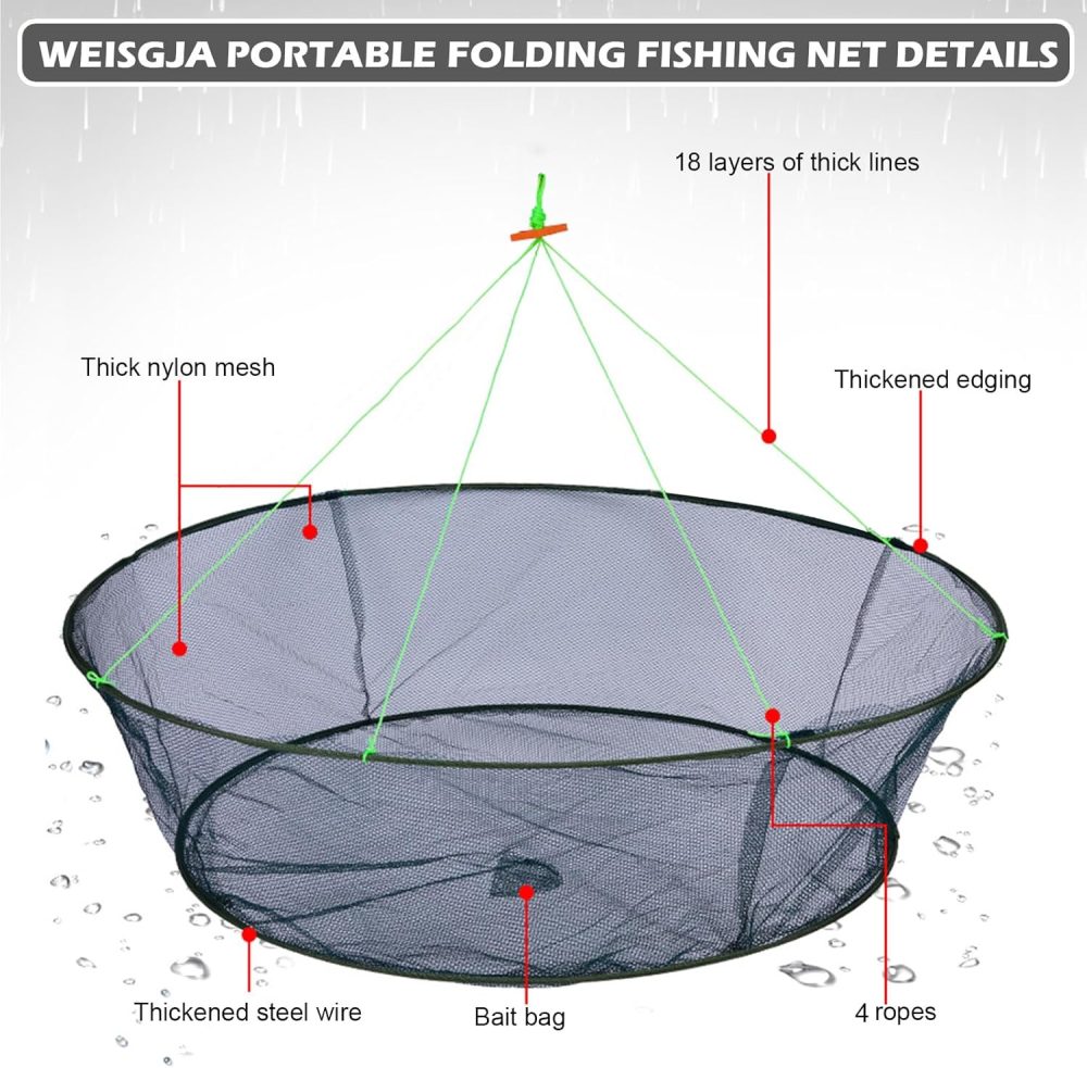 Portable Folded Fishing Net, Crab Net Fish Net with Fishing Rope, Hand Casting Cage Crab Net, Foldable Fishing Mesh Trap for,Minnows,Lobster,Crawfish, Shrimp etc. - Image 4